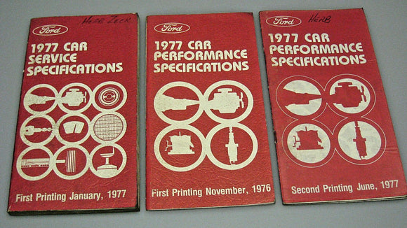 1977 FORD DEALER CAR SERVICE SPECSIFICATION & PERFORMANCE MANUALS